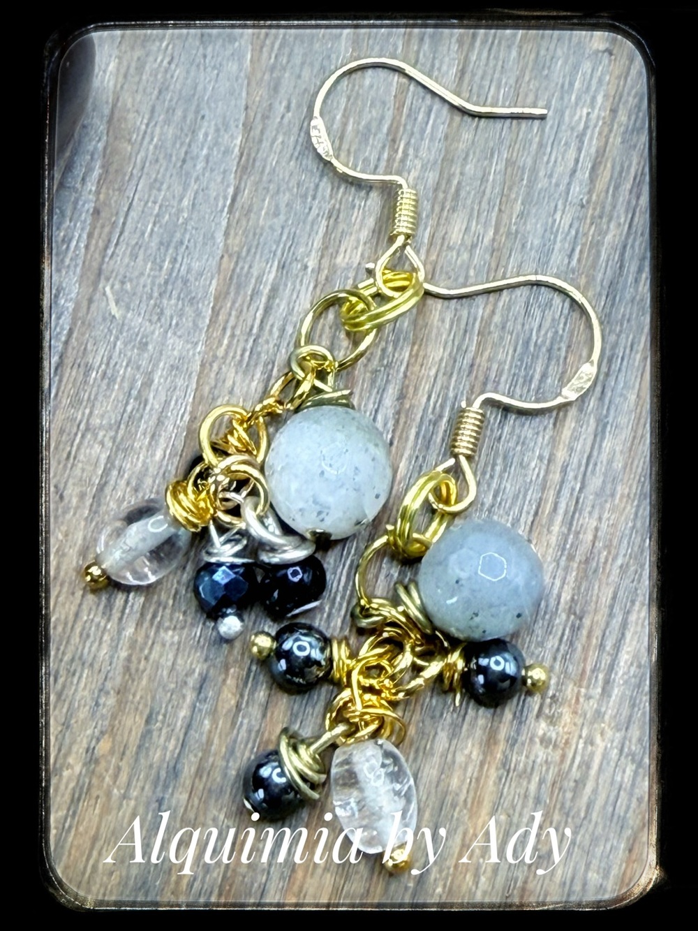 Alquimia Gold and Gray Bead Dangle Earrings Labradorite